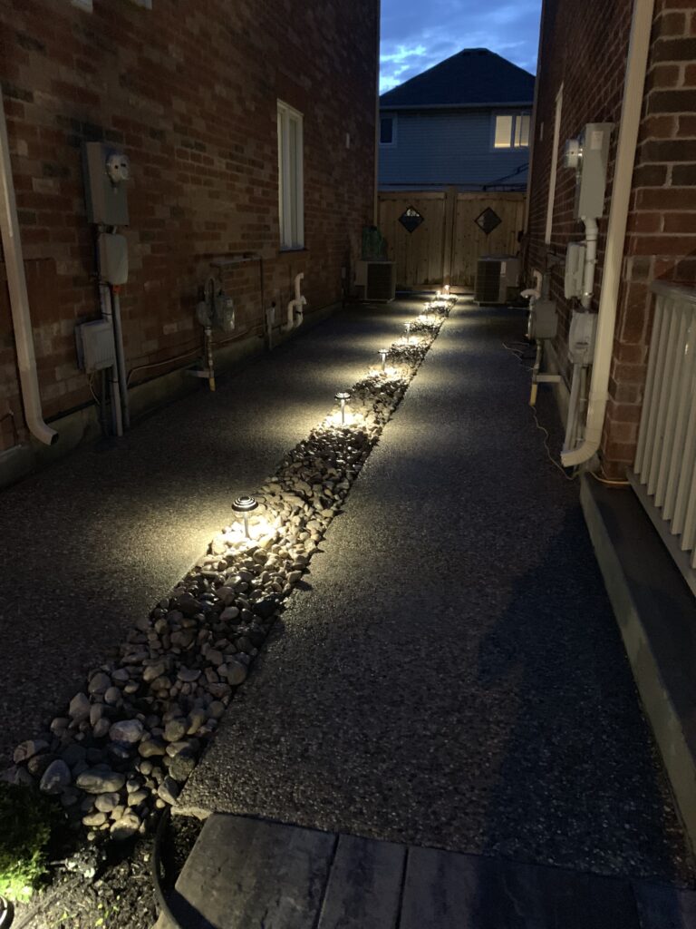 Pathway lights between two concrete pathways